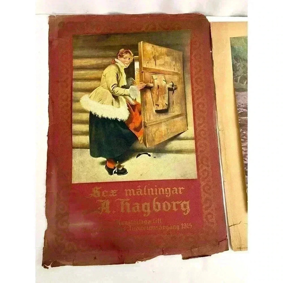 Antique 2 Swedish Print 1915 Lithograph Christmas Woman THE FORD Anders Zorn - Picture 5 of 11